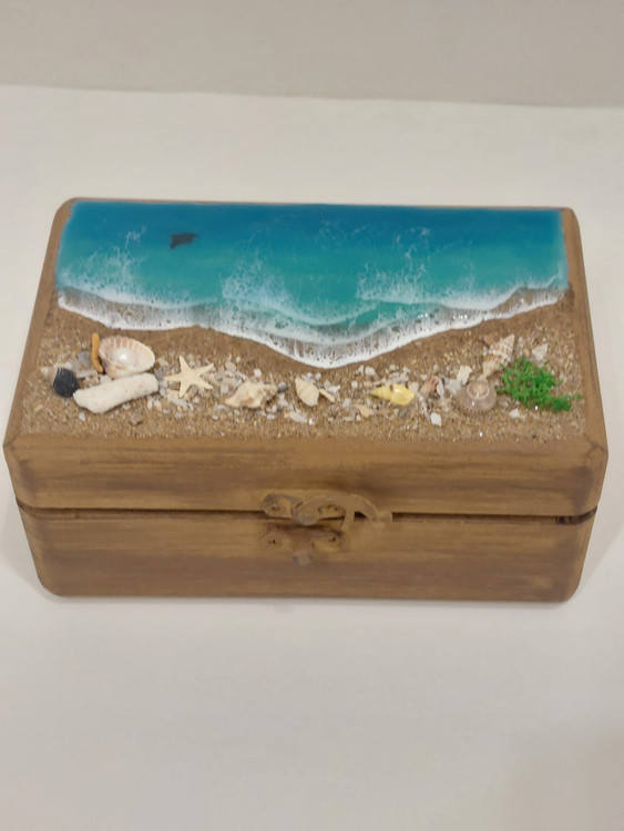 جعبه جواهرات لوکس چوب و رزین طرح اقیانوس و ساحل دریا