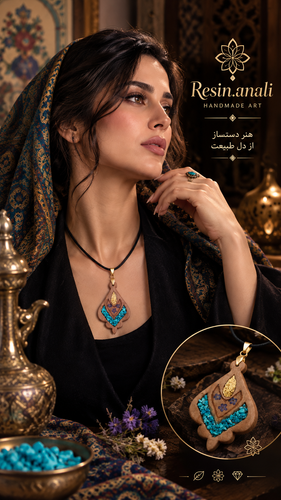 گردنبند چوب و رزین منبت نقش فیروزه | گالری آنالی